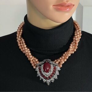 Multi Strand Beaded Necklace with Pink Faux Pearls & Red Clear Gemstone Pendant